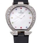 Omega Ladies Watch White Dial With Jewels Stainless Steel Case With Diamonds Case White Leather Strap  622826