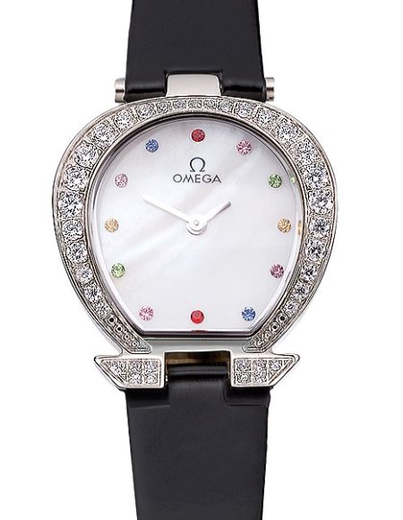 Omega Ladies Watch White Dial With Jewels Stainless Steel Case With Diamonds Case White Leather Strap  622826