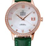 Omega DeVille Prestige Co-Axial Diamond Gold Case Mother-Of-Pearl Dial Green Leather Strap