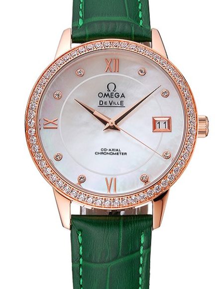 Omega DeVille Prestige Co-Axial Diamond Gold Case Mother-Of-Pearl Dial Green Leather Strap