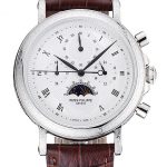 Patek Philippe Grand Complications White Dial Engraved Silver Case Brown Leather Bracelet 1454143