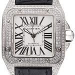 Swiss Cartier Santos Dumont Diamond Case White Dial Roman Numerals Black Leather Bracelet    622652