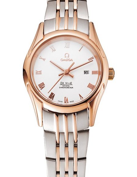 Omega De Ville Ladies White Dial Rose Gold Case Two Tone Bracelet 1453782