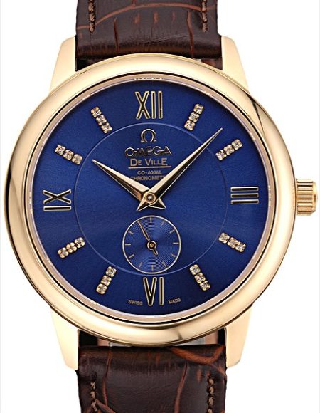 Omega DeVille Prestige Small Seconds Blue Dial Gold Case Brown Leather Bracelet  622601