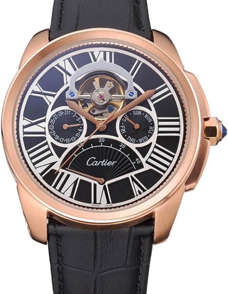 Cartier Calibre Tourbillon Black Dial Gold Case Black Leather Strap  622754
