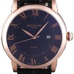 Patek Philipe Calatrava Roze Gold Polished Bezel Black Leather Bracelet 801435