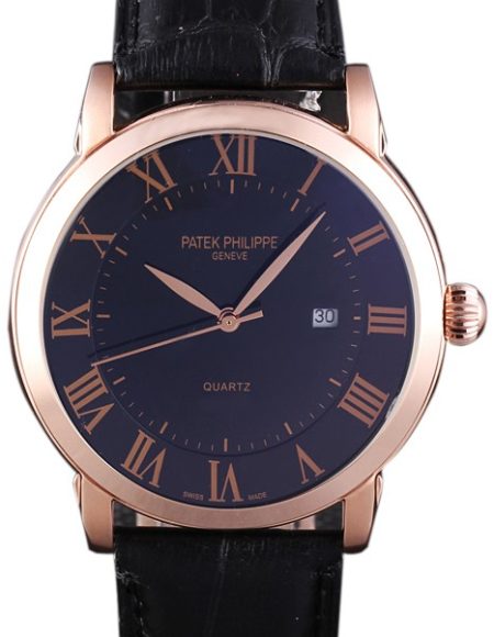 Patek Philipe Calatrava Roze Gold Polished Bezel Black Leather Bracelet 801435