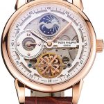 Patek Philippe Dual Time Moonphase Tourbillon White Skeletonised Dial Rose Gold Case Brown Leather Strap