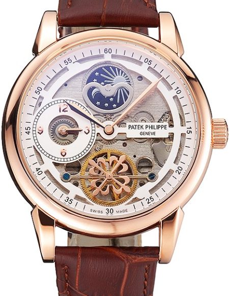 Patek Philippe Dual Time Moonphase Tourbillon White Skeletonised Dial Rose Gold Case Brown Leather Strap