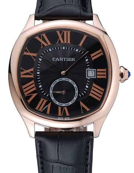 Cartier Drive De Cartier Black Dial Gold Case Black Leather Bracelet 1454214