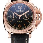 Panerai Radiomir 8 Days Chronograph Black Dial Diamond Bezel Rose Gold Case Black Leather Strap 1453798