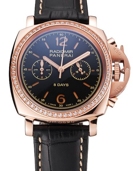 Panerai Radiomir 8 Days Chronograph Black Dial Diamond Bezel Rose Gold Case Black Leather Strap 1453798