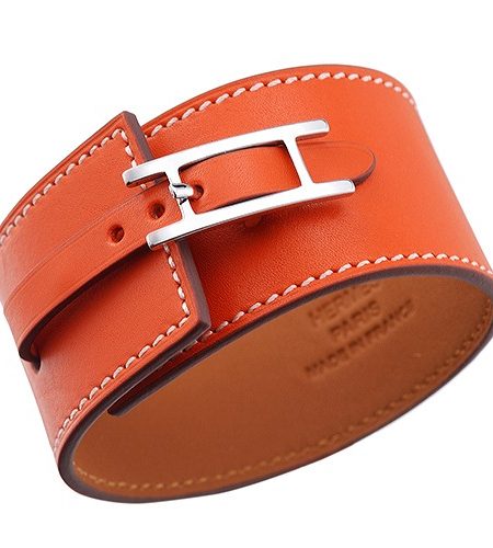Hermes Hapi Wide Orange Leather Silver Hardware Bracelet 700596
