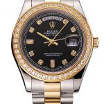 Swiss Rolex Day-Date Black Dial Gold Diamond Case Two Tone Stainless Steel Bracelet 1453976
