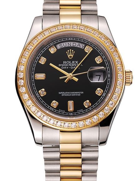 Swiss Rolex Day-Date Black Dial Gold Diamond Case Two Tone Stainless Steel Bracelet 1453976