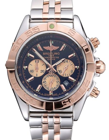Breitling Chronomat Black Dial Rose Gold Bezel And Subdials Stainless Steel Case Two Tone Bracelet