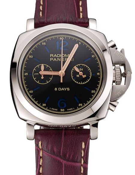 Panerai Radiomir 8 Days Chronograph Black Dial Stainless Steel Case Plum Leather Strap 1453795
