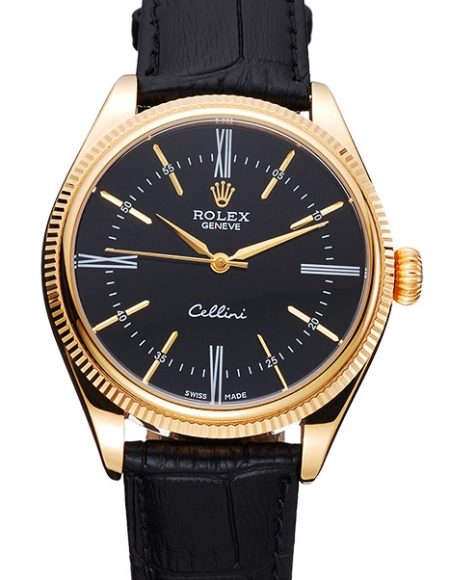 Rolex Cellini Black Dial Gold Case Black Leather Strap  622832