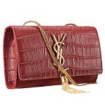 Saint Laurent Medium Tassel Crocodile Leather Clutch Bag Dark Red