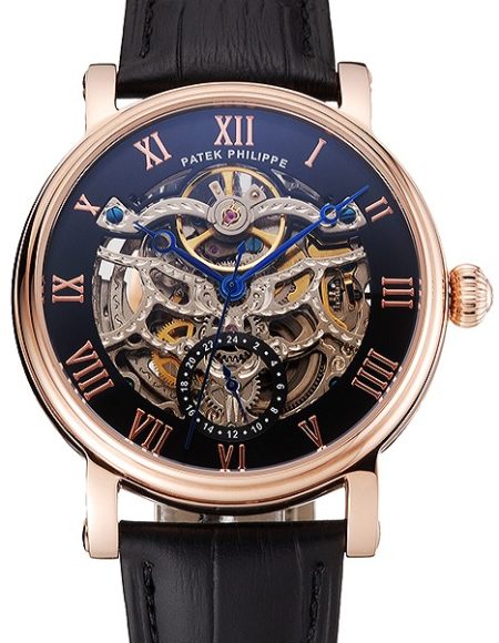 Patek Philippe Grand Complications Black Skeleton Dial Rose Gold Case Black Leather Strap 1453809