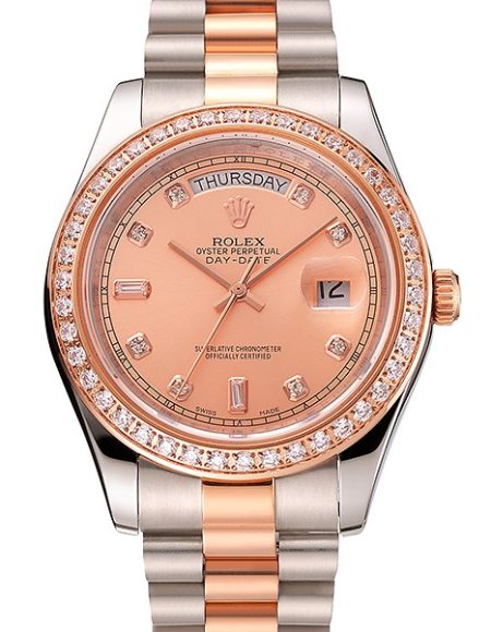 Swiss Rolex Day-Date Diamonds Bezel Rose Gold And Staineless Steel Bracelet 1454107