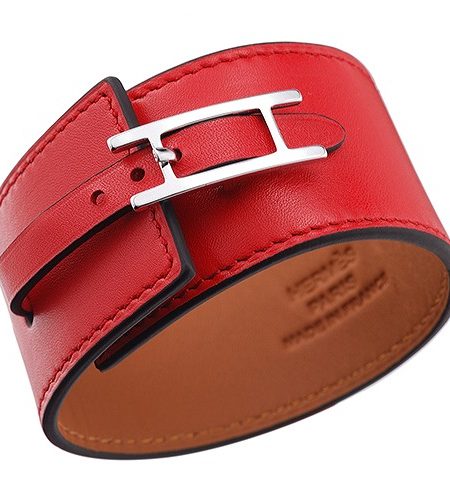 Hermes Hapi Wide Red Leather Silver Hardware Bracelet 700595
