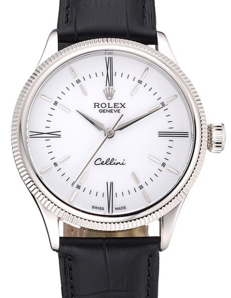 Swiss Rolex Cellini Time Silver Case White Dial Black Leather Bracelet   622653