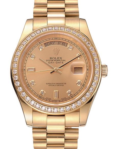 Swiss Rolex Day-Date Champagne Dial Diamond Bezel Gold Bracelet 1454099