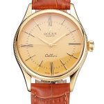 Swiss Rolex Cellini Gold Dial Roman Numerals Gold Case Light Brown Leather Strap