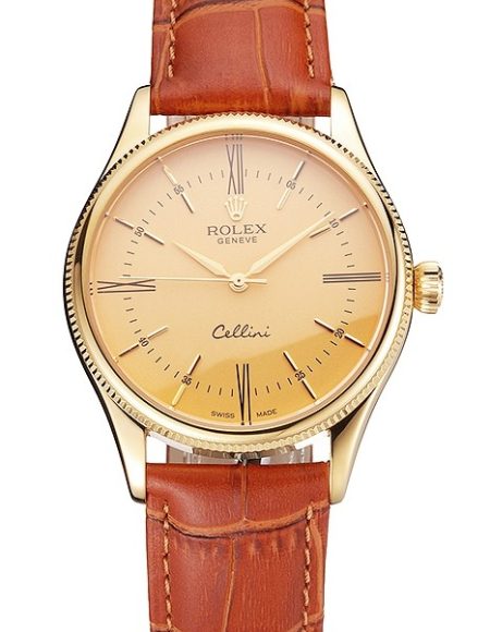 Swiss Rolex Cellini Gold Dial Roman Numerals Gold Case Light Brown Leather Strap