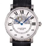 Cartier Moonphase Silver Watch with Black Leather Band ct255 621374
