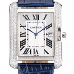 Cartier Tank Anglaise 36mm White Dial Diamonds Steel Case Blue Leather Bracelet