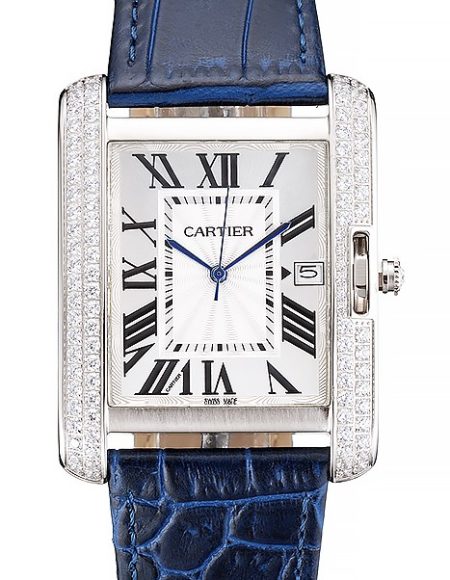Cartier Tank Anglaise 36mm White Dial Diamonds Steel Case Blue Leather Bracelet
