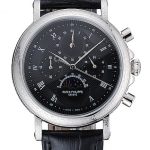 Patek Philippe Grand Complications Black Dial Engraved Silver Case Black Leather Bracelet 1454145