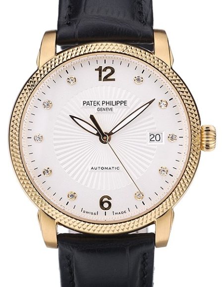 Patek Philippe Swiss Calatrava Ribbed Bezel White Dial Black Leather Strap 7642