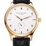 Patek Philippe Calatrava White Dial Diamond Markings Gold Case Black Leather Strap