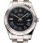 Swiss Rolex Datejust Black Dial Roman Numerals Stainless Steel Case And Bracelet