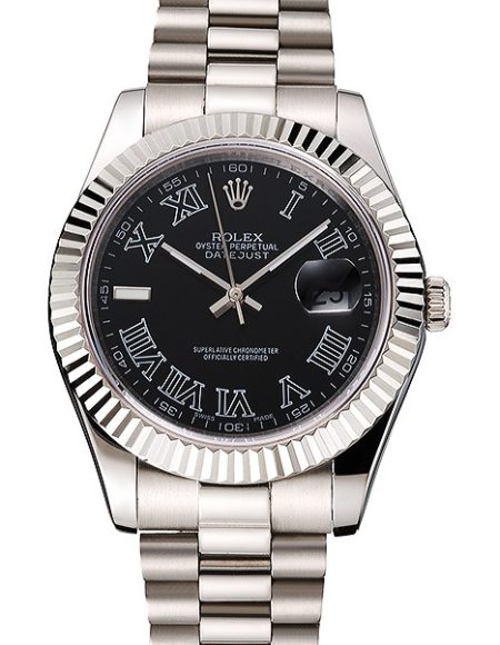 Swiss Rolex Datejust Black Dial Roman Numerals Stainless Steel Case And Bracelet