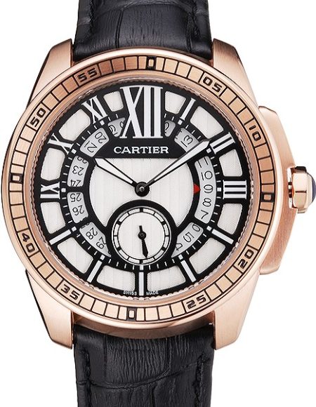Cartier Calibre De Cartier Small Seconds Black And White Dial Rose Gold Case Black Leather Strap