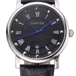 Cartier Rotonde Date Black Dial Stainless Steel Case Black Leather Strap