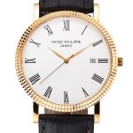 Patek Philippe Calatrava White Dial Roman Numerals Ribbed Bezel Gold Case Black Leather Strap