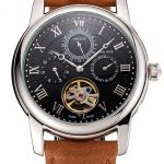 Patek Philippe Grand Complications Day Date Tourbillon Black Dial Numerals Stainless Steel Case Brown Suede Leather Strap 1453816