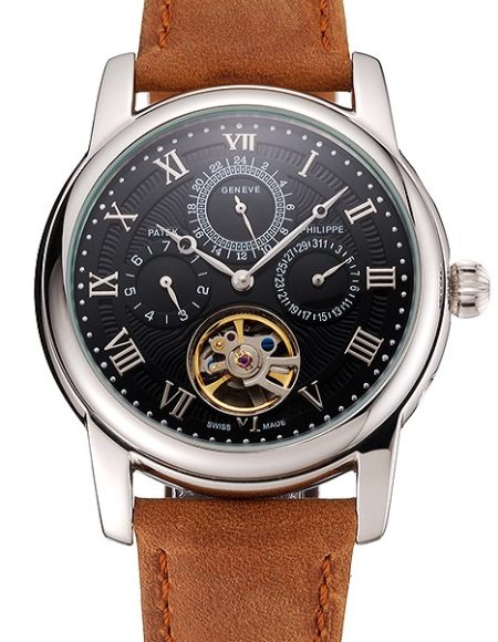 Patek Philippe Grand Complications Day Date Tourbillon Black Dial Numerals Stainless Steel Case Brown Suede Leather Strap 1453816