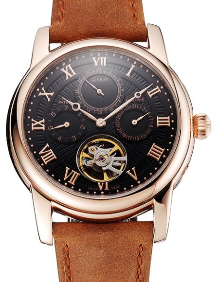 Patek Philippe Grand Complications Day Date Tourbillon Black Dial Rose Gold Case Brown Suede Leather Strap 1453814