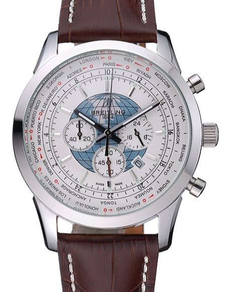 Breitling Transocean Chronograph Unitime White Dial Stainless Steel Case Brown Leather Bracelet 622244
