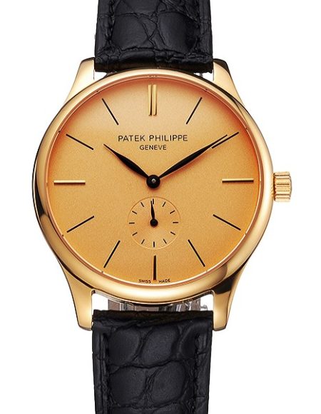 Patek Philippe Calatrava Gold Dial Gold Case Black Leather Strap