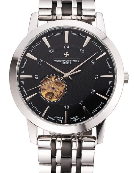 Vacheron Constantin Tourbillon Black Dial Stainless Steel Case Two Tone Steel Black Bracelet
