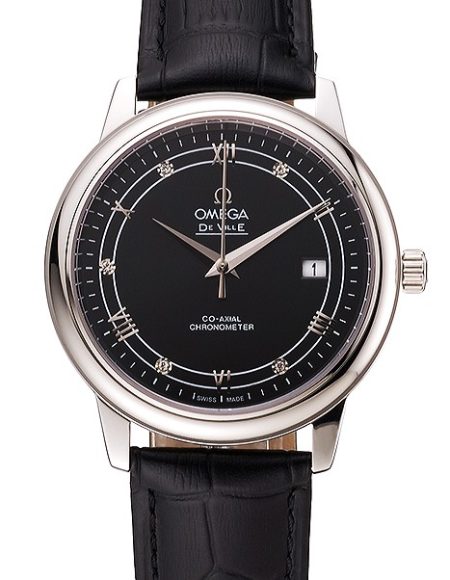 Omega De Ville Prestige Black Dial Stainless Steel Case Black Leather Strap