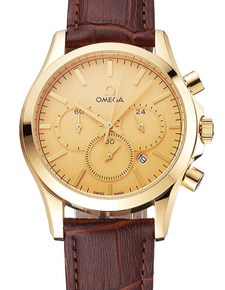 Omega Chronograph Gold Dial Gold Case Brown Leather Strap