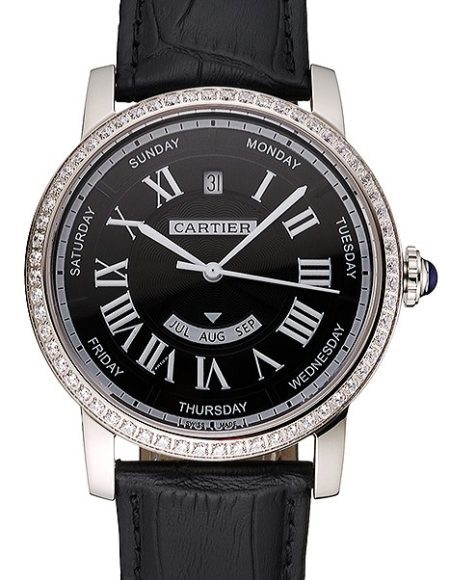 Swiss Cartier Ballon Bleu GMT Silver Dial Stainless Steel Case Black Leather Strap